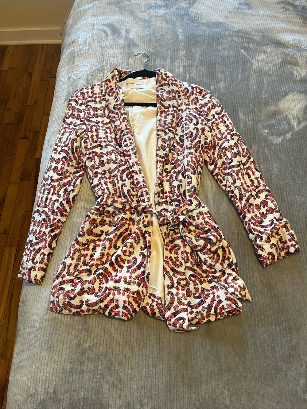 cupcakes & cashmere Cream Blazer with Pink & Burgundy Print and Tie Belt